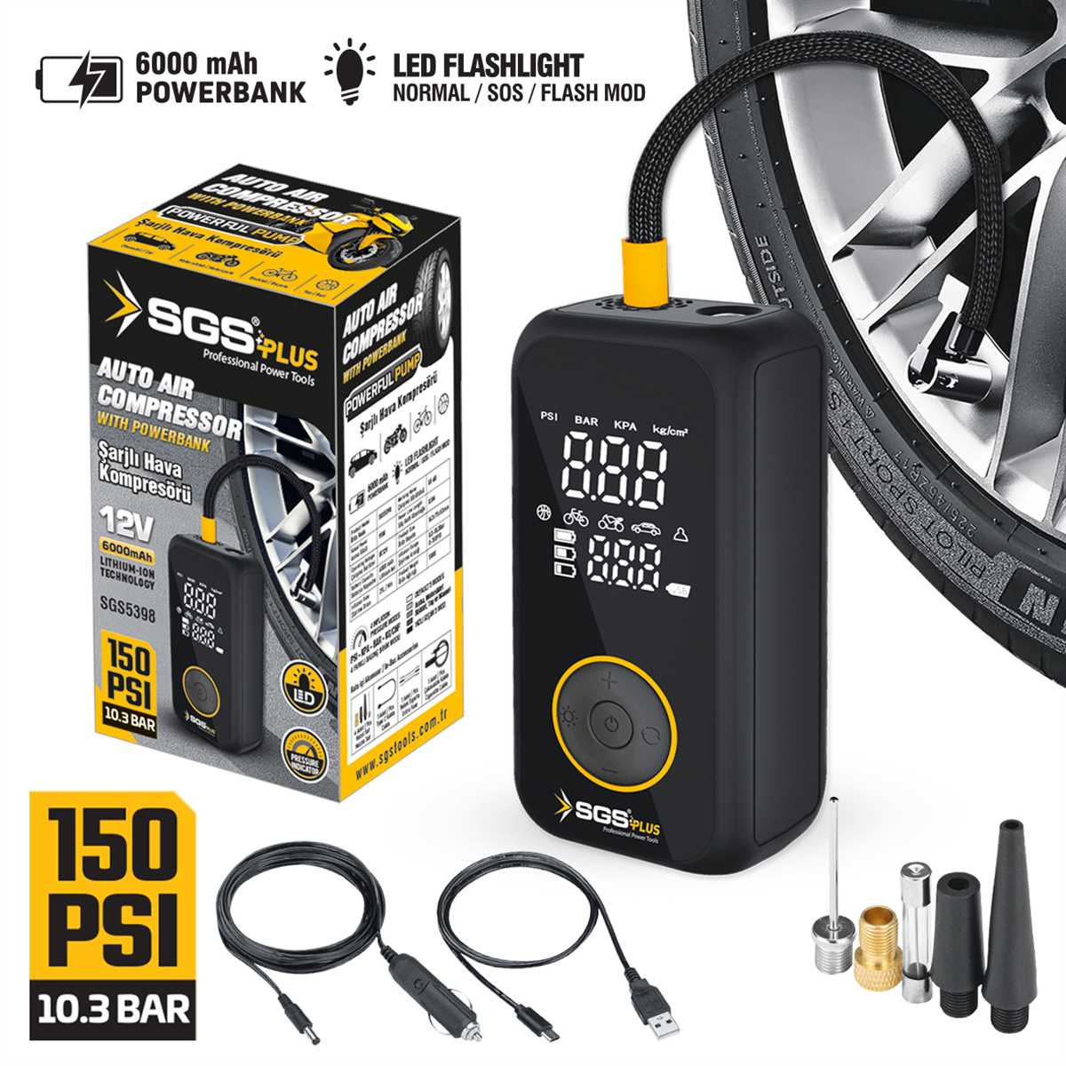 ŞARJLI HAVA KOMPRESÖRÜ DİJİTAL 12V 6.0 Ah (150 PSI)